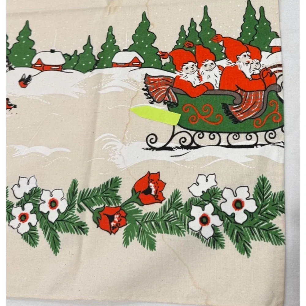 Vtg ALMEDAHLS Swedish Tablecloth Christmas Elves Sleigh Linen 51x69 Rectangle